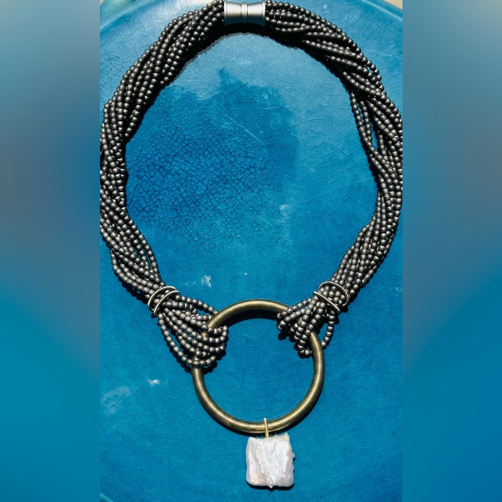 Hematite Beaded Statement Necklace With Baroque P… - image 1